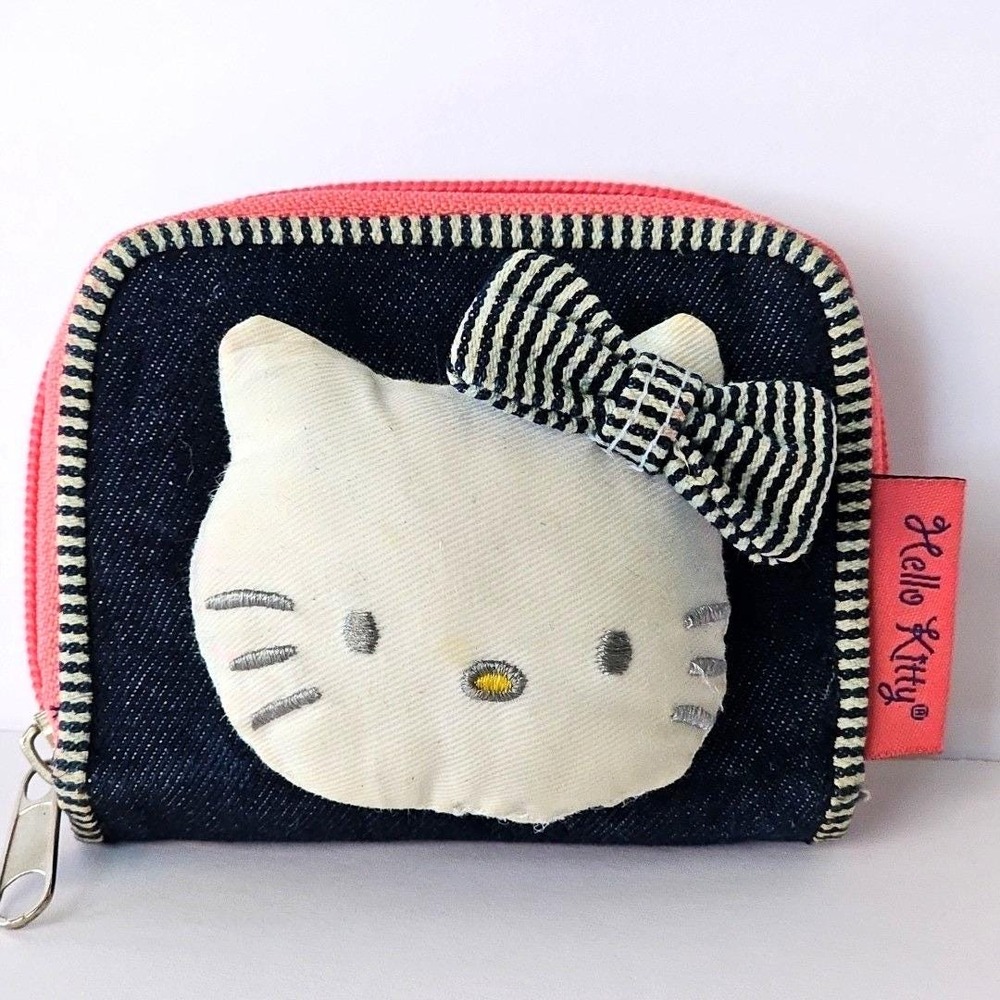 Hello Kitty Sanrio Denim Zip Around Wallet 3D Plush‎ Face Kawaii Y2K Accessory